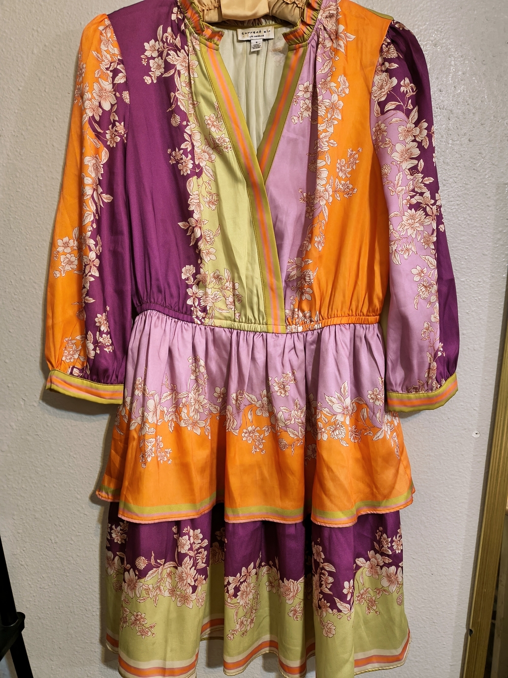 Current Air Size S Vintage Silk Floral Color Block Dress – Multicolor Boho